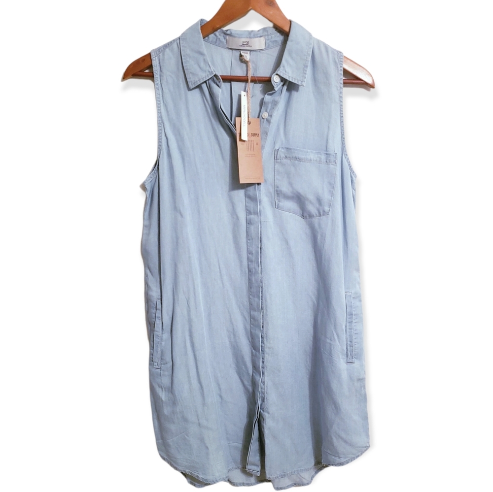Thread & Supply blue sleeveless button down lyocel mini shirt dress size medium